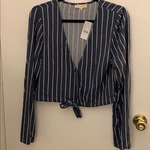 Blue and white stripe crop top with tie front